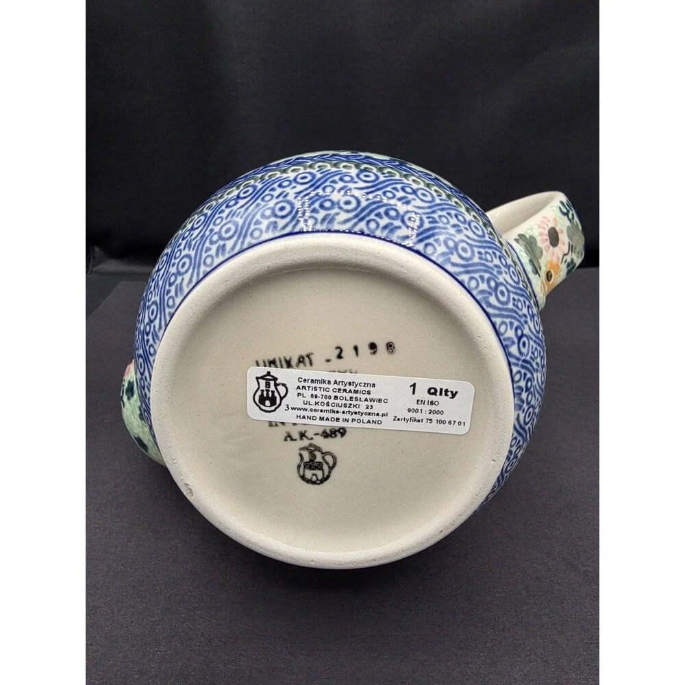 Bolesławiec Hand Painted Stoneware Teapot Floral Unikat Polish Pottery 2198